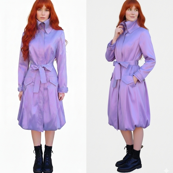 Vintage Jackets & Blazers - Vintage 90s Y2K Lavender Iridescent Balloon HemTrench Coat Belted High Neck S/M